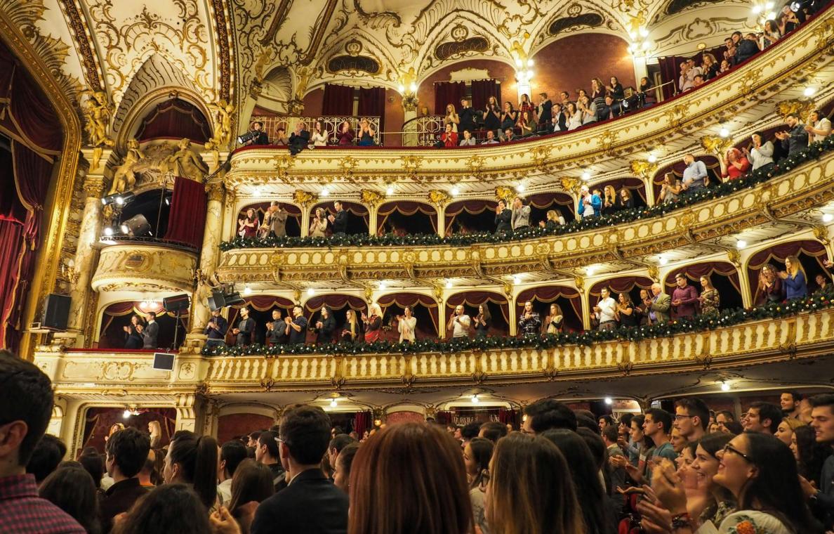 Tiered audience at an opera house